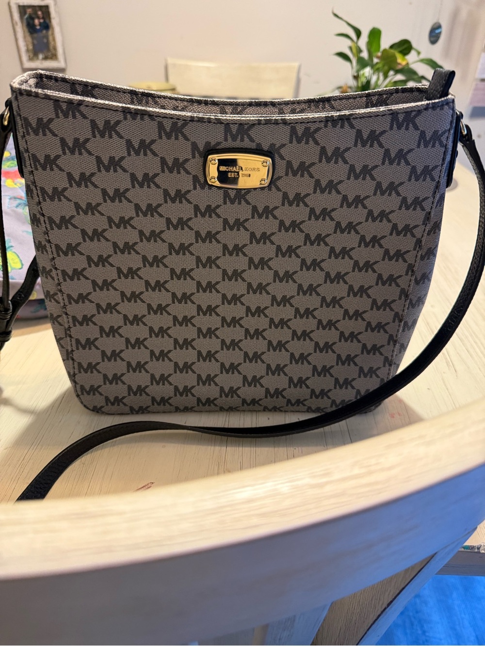 Michael Kors Gray MK Monogram Crossbody with Gold Plaque